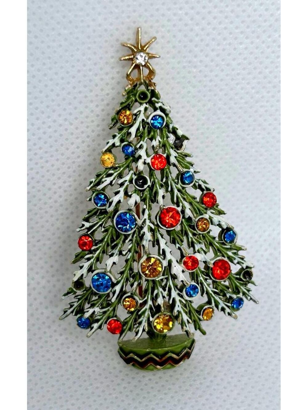 Vintage JJ Christmas Tree Brooch Enamel Rhinestone Holiday Pin